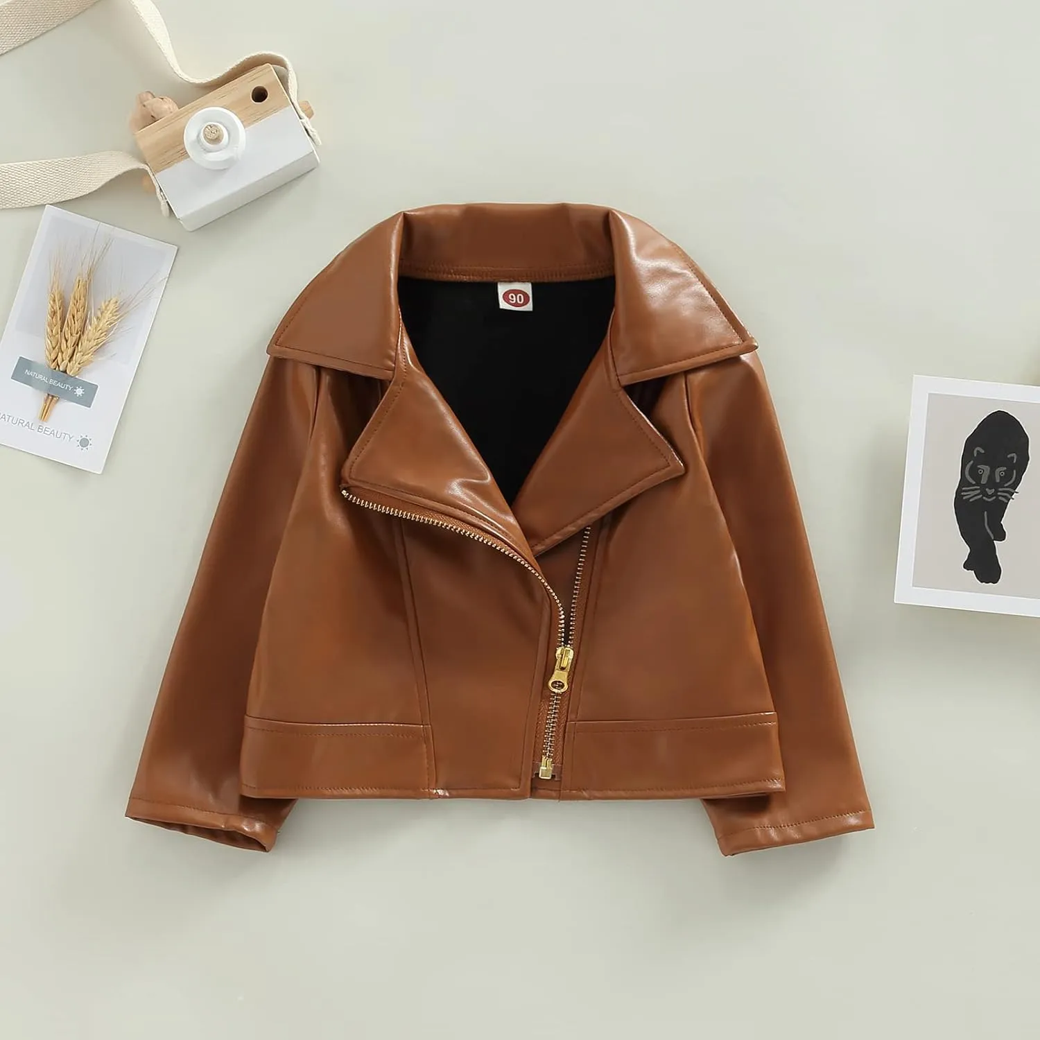 Gueuusu Toddler Kids Baby Boy Girl Faux Leather Jackets Long Sleeve Lapel Zip Up Moto Biker Coat Jackets Spirng Fall Outwear