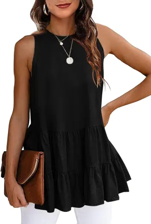 HAEOF Women's Summer Sleeveless Peplum Babydoll Tops Casual Crew Neck Flowy Loose Fit Tunic Tank Shirts