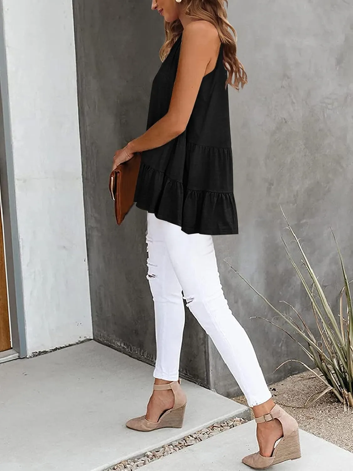 HAEOF Women's Summer Sleeveless Peplum Babydoll Tops Casual Crew Neck Flowy Loose Fit Tunic Tank Shirts