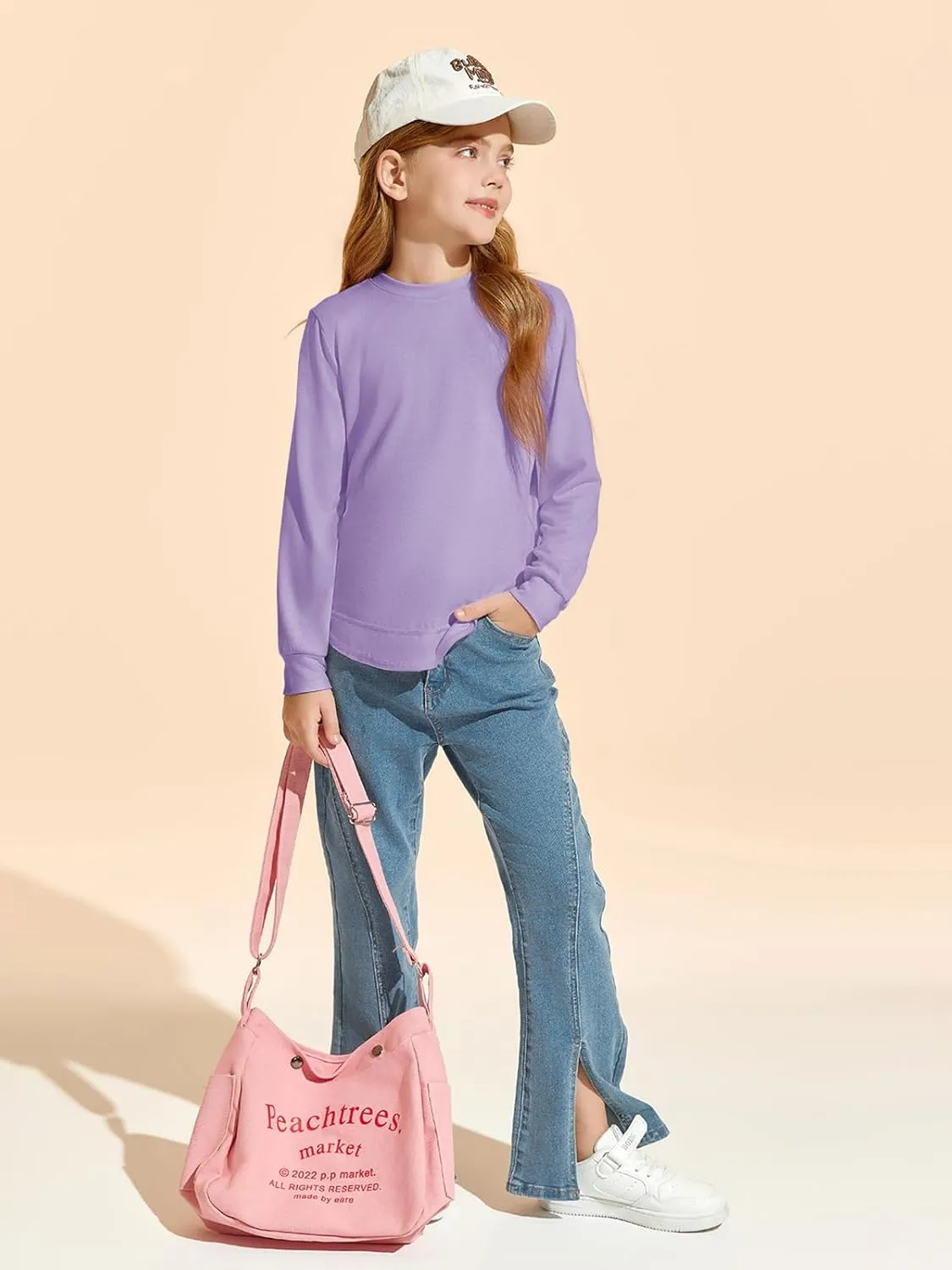 Haloumoning Girls Oversized Long Sleeve Shirts Kids Fashion Crewneck Tunic Tops Curved Hem Tees 7-14 Years