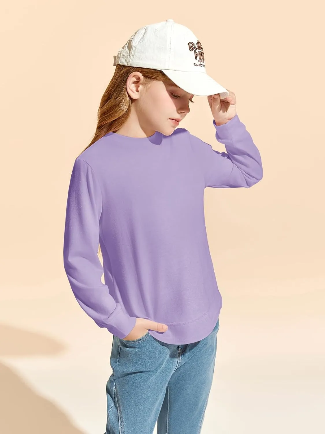 Haloumoning Girls Oversized Long Sleeve Shirts Kids Fashion Crewneck Tunic Tops Curved Hem Tees 7-14 Years
