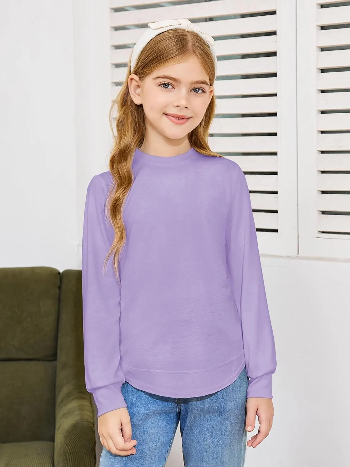 Haloumoning Girls Oversized Long Sleeve Shirts Kids Fashion Crewneck Tunic Tops Curved Hem Tees 7-14 Years