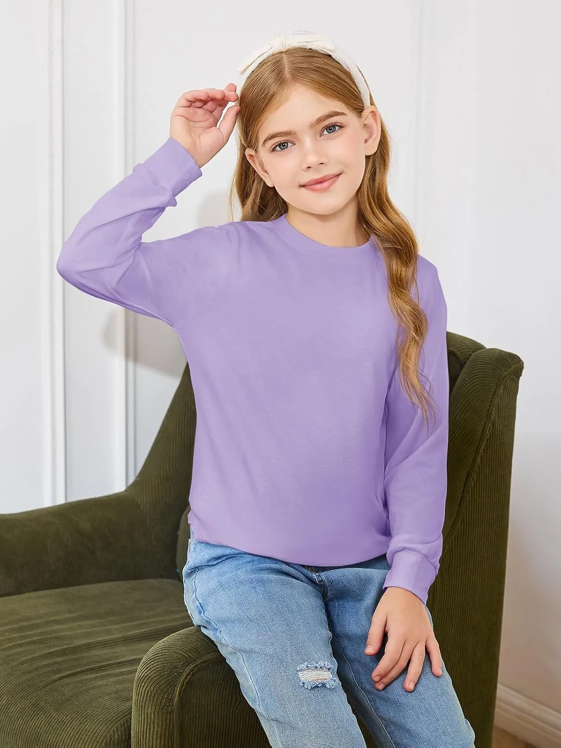 Haloumoning Girls Oversized Long Sleeve Shirts Kids Fashion Crewneck Tunic Tops Curved Hem Tees 7-14 Years