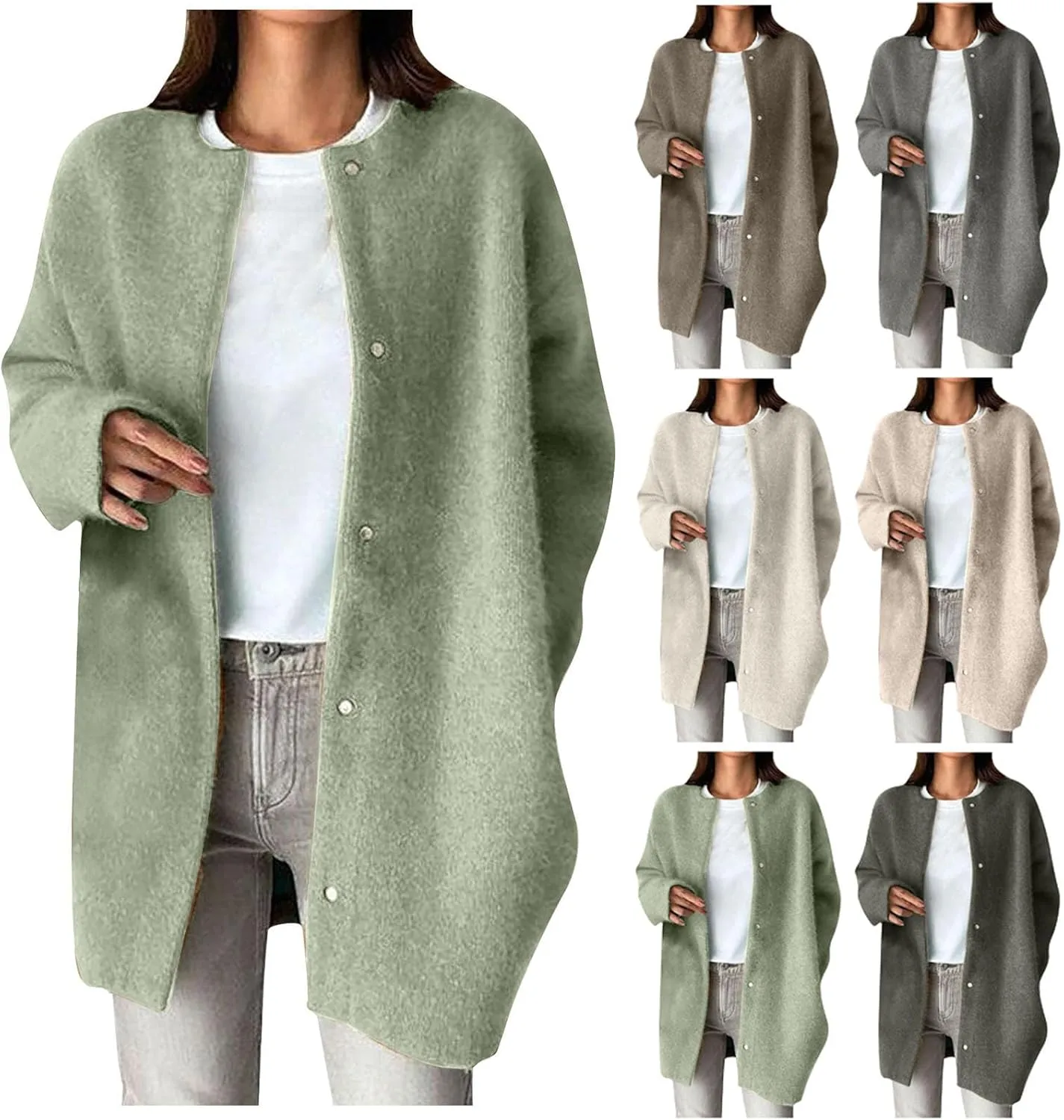HGps8w Business Casual Wool Blend Pea Coats for Women Elegant Collarless Trench Coat Open Front Winter Overcoat Outerwear