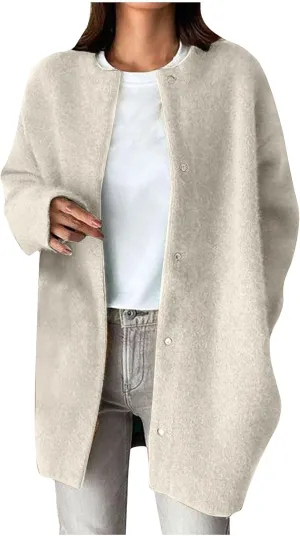 HGps8w Business Casual Wool Blend Pea Coats for Women Elegant Collarless Trench Coat Open Front Winter Overcoat Outerwear