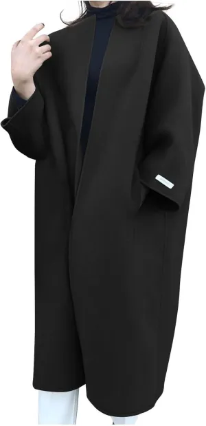 HGps8w Women's Collarless Wool Blend Trench Coat - Elegant Open Front Peacoat Cardigan Winter Jacket Overcoats with Pockets