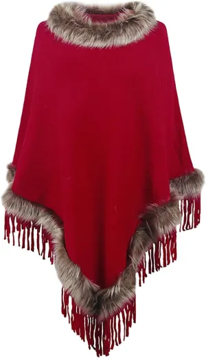 HGps8w Women's Elegant Faux Fur Poncho Cape with Fringed Hem, 2025 Winter Warm Pull On Cloak Coat for Party Daily Wear