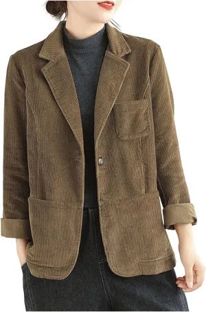 HGps8w Women's Vintage Business Casual Corduroy Blazers Loose Fit Lapel Long Sleeve Work Office Suit Jackets with Pockets