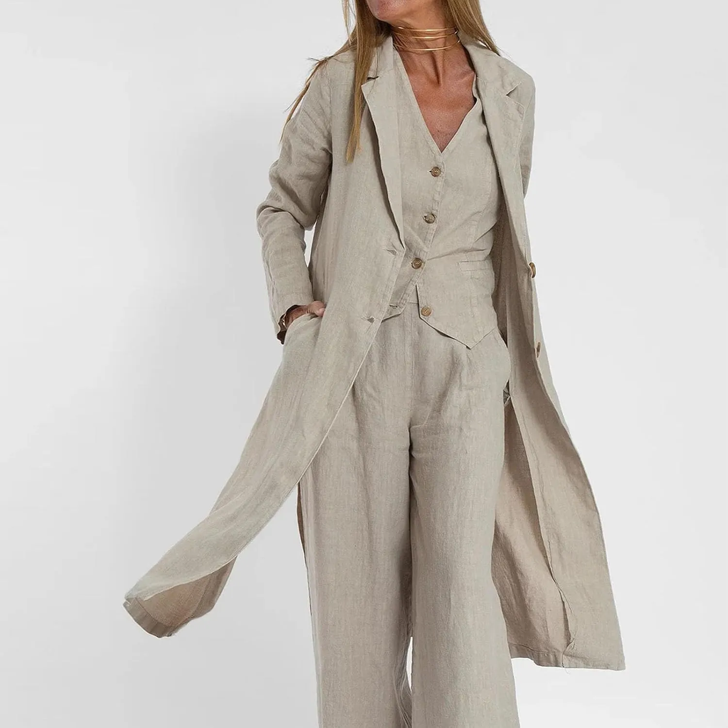 HGps8w Women's Vintage Cotton Linen Trench Coat Split Hem Mid Length Windbreaker Button Down Lapel Jacket Overcoat