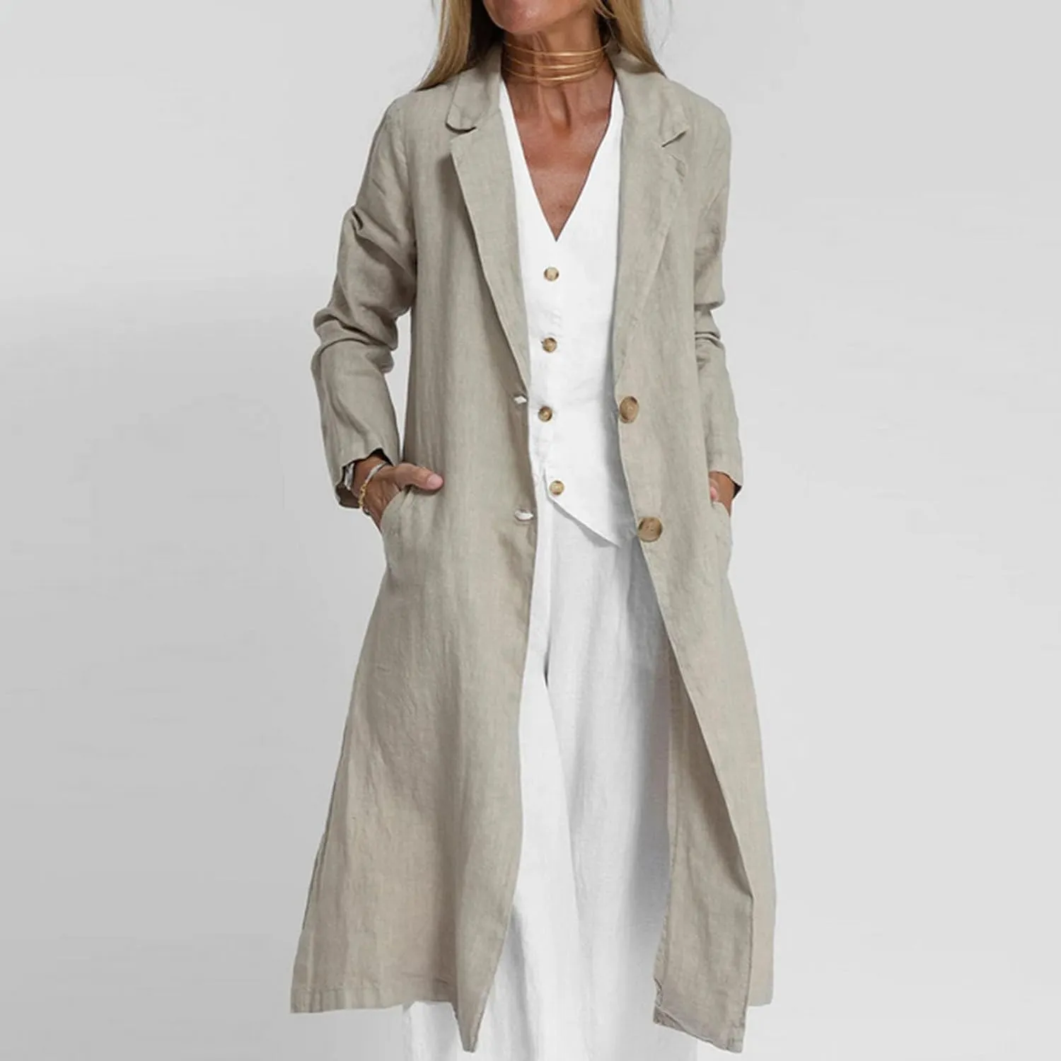 HGps8w Women's Vintage Cotton Linen Trench Coat Split Hem Mid Length Windbreaker Button Down Lapel Jacket Overcoat