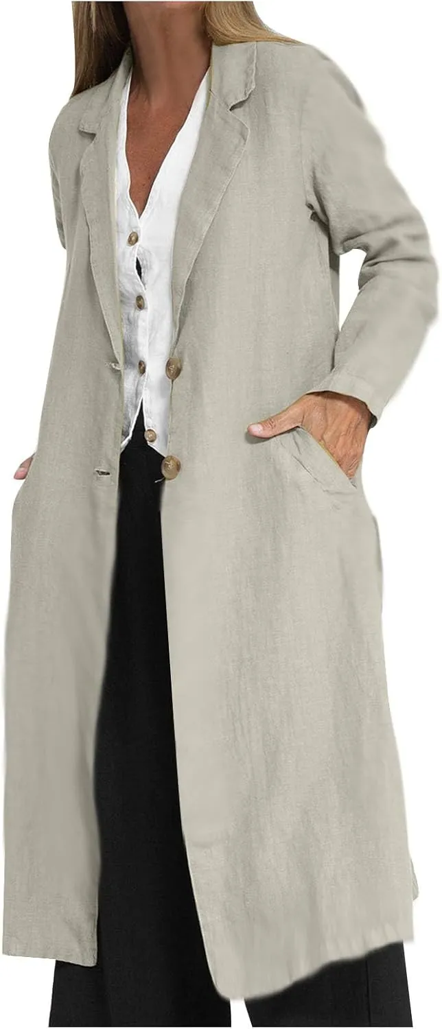 HGps8w Women's Vintage Cotton Linen Trench Coat Split Hem Mid Length Windbreaker Button Down Lapel Jacket Overcoat