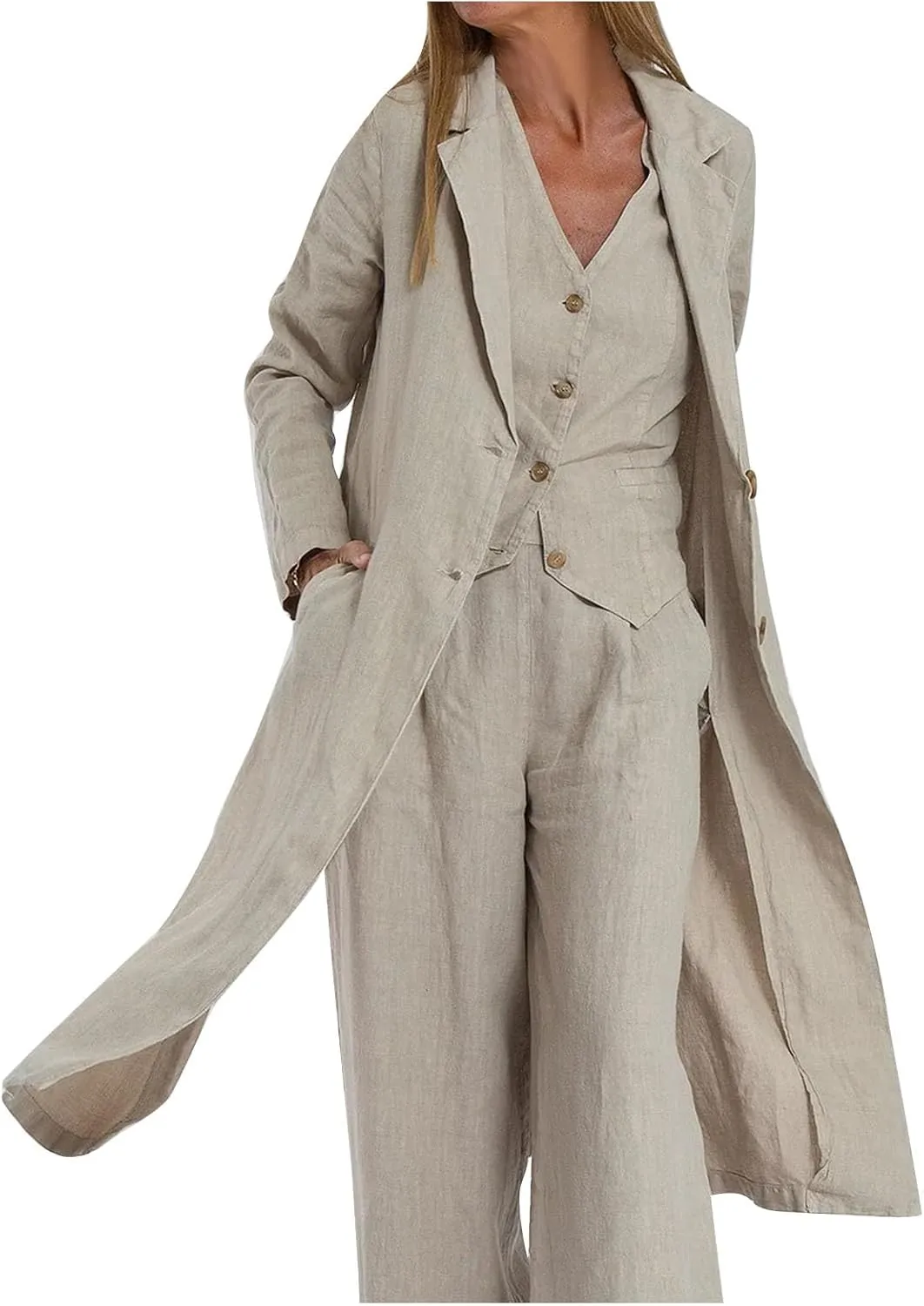HGps8w Women's Vintage Cotton Linen Trench Coat Split Hem Mid Length Windbreaker Button Down Lapel Jacket Overcoat