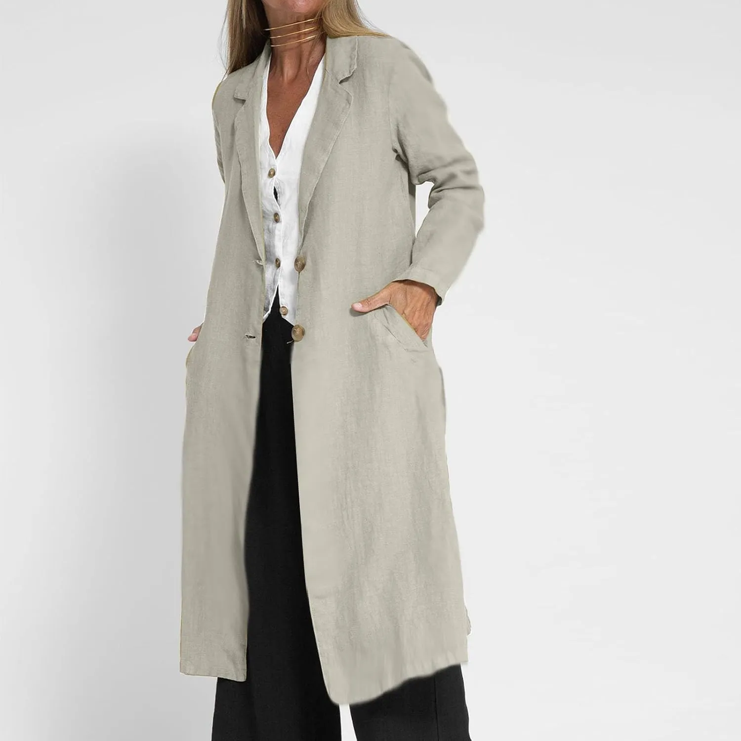 HGps8w Women's Vintage Cotton Linen Trench Coat Split Hem Mid Length Windbreaker Button Down Lapel Jacket Overcoat