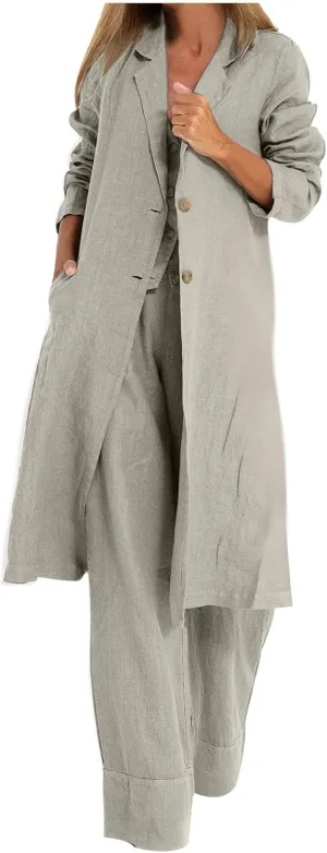 HGps8w Women's Vintage Cotton Linen Trench Coat Split Hem Mid Length Windbreaker Button Down Lapel Jacket Overcoat