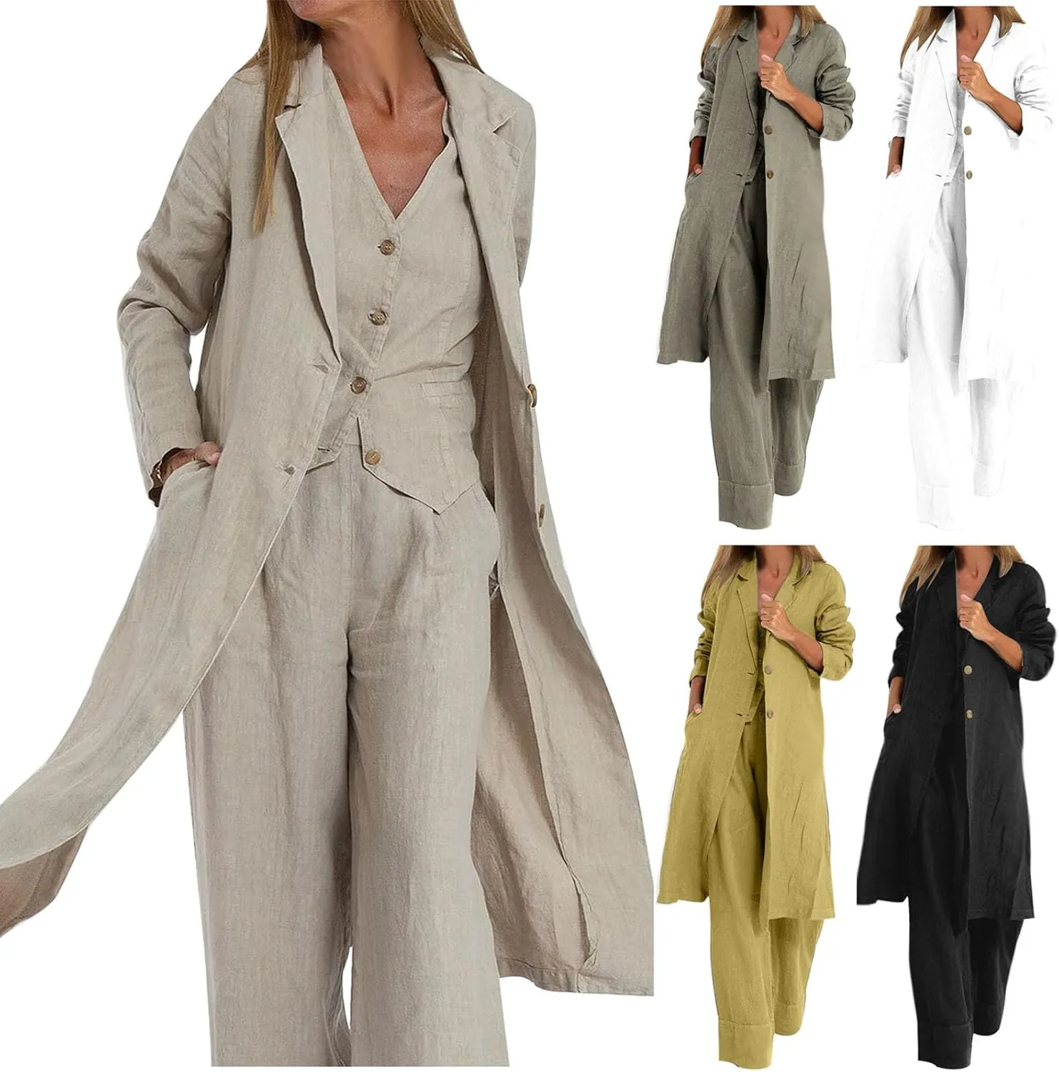 HGps8w Women's Vintage Cotton Linen Trench Coat Split Hem Mid Length Windbreaker Button Down Lapel Jacket Overcoat