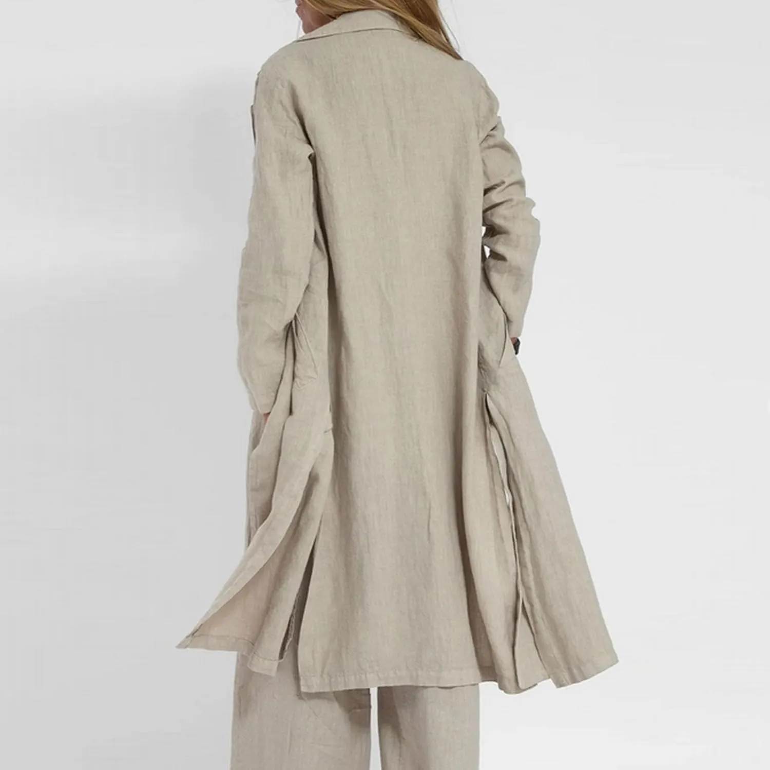 HGps8w Women's Vintage Cotton Linen Trench Coat Split Hem Mid Length Windbreaker Button Down Lapel Jacket Overcoat