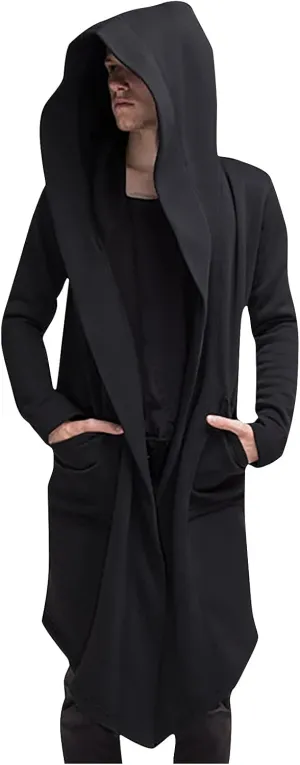 hhaappyy Men's Mid-Length Street Fashion Steampunk Cape Cloak with Hood Long Sleeve Fleece Cardigan Trench Coat with Pockets