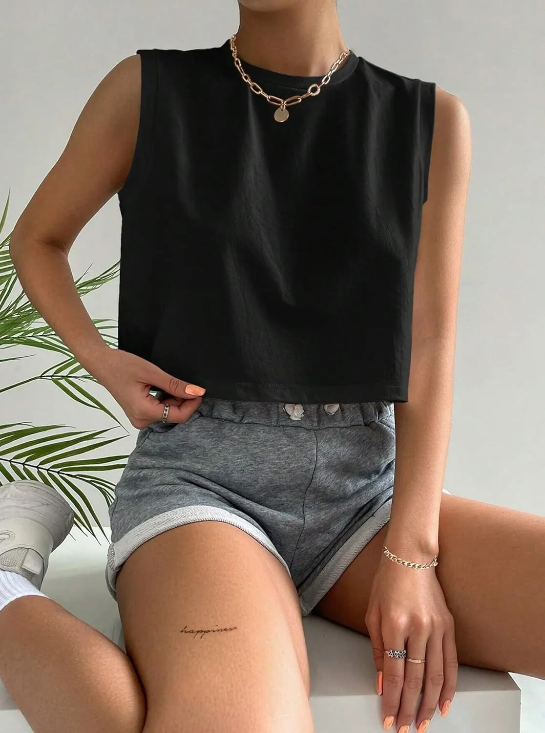 Hilinker Womens Crew Neck Loose Crop Tank Tops Workout Casual Sleeveless T-Shirt