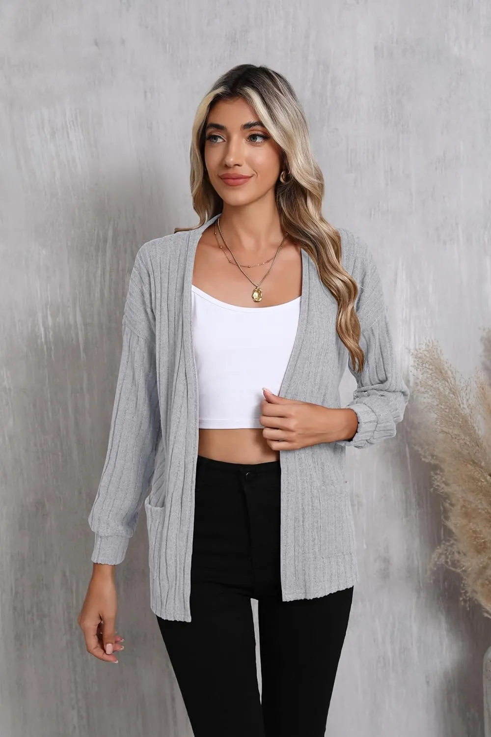 HIYIYEZI Women's Long Sleeve Open Front Cardigan Casual Lightweight Cardigans Knit Outwear with Pockets