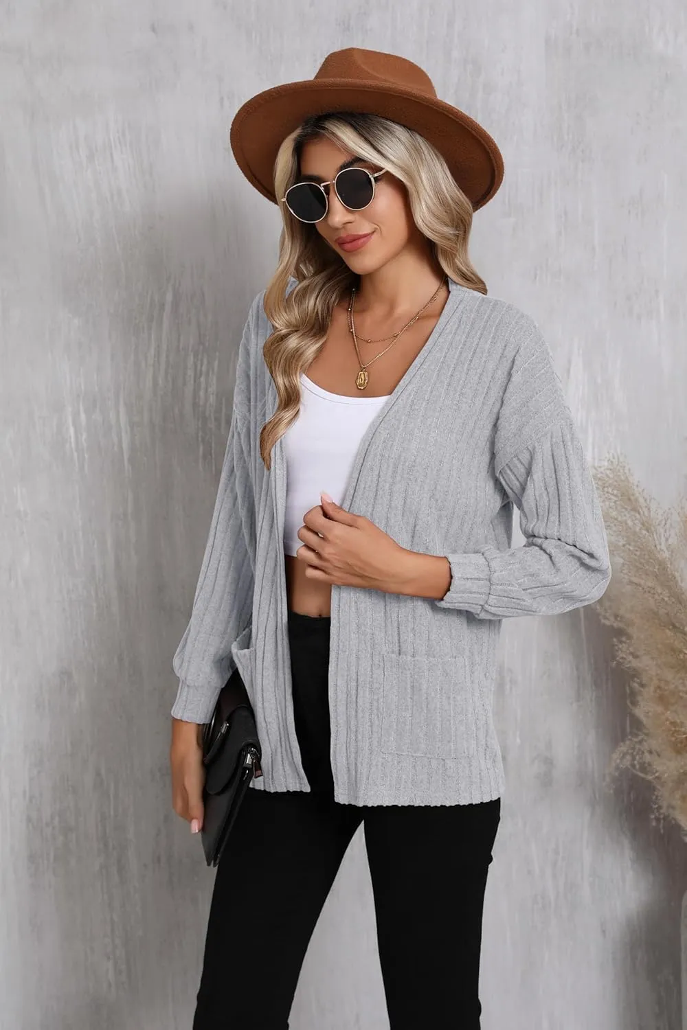 HIYIYEZI Women's Long Sleeve Open Front Cardigan Casual Lightweight Cardigans Knit Outwear with Pockets