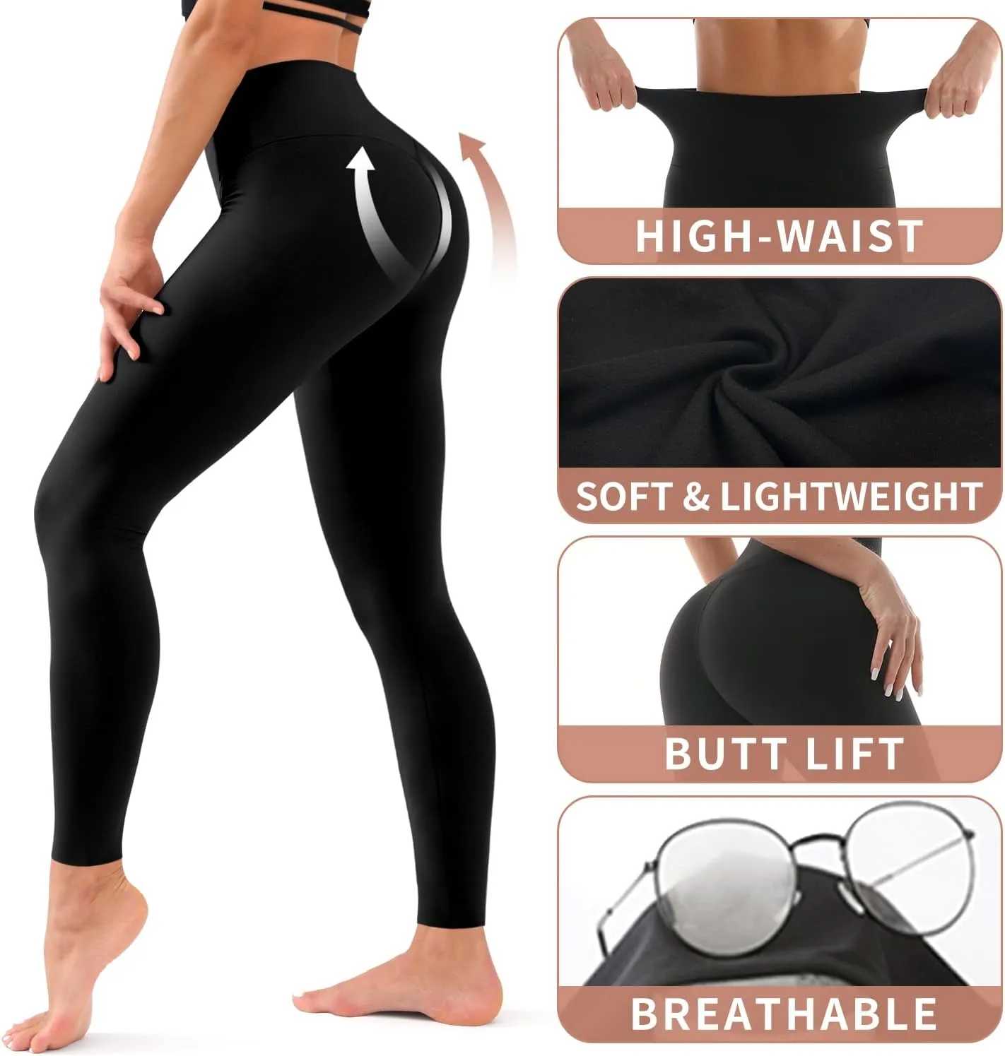 Hmuuo 3 Pack Leggings for Women High Waisted Tummy Control No See-Through Yoga Pants Workout Running Leggings