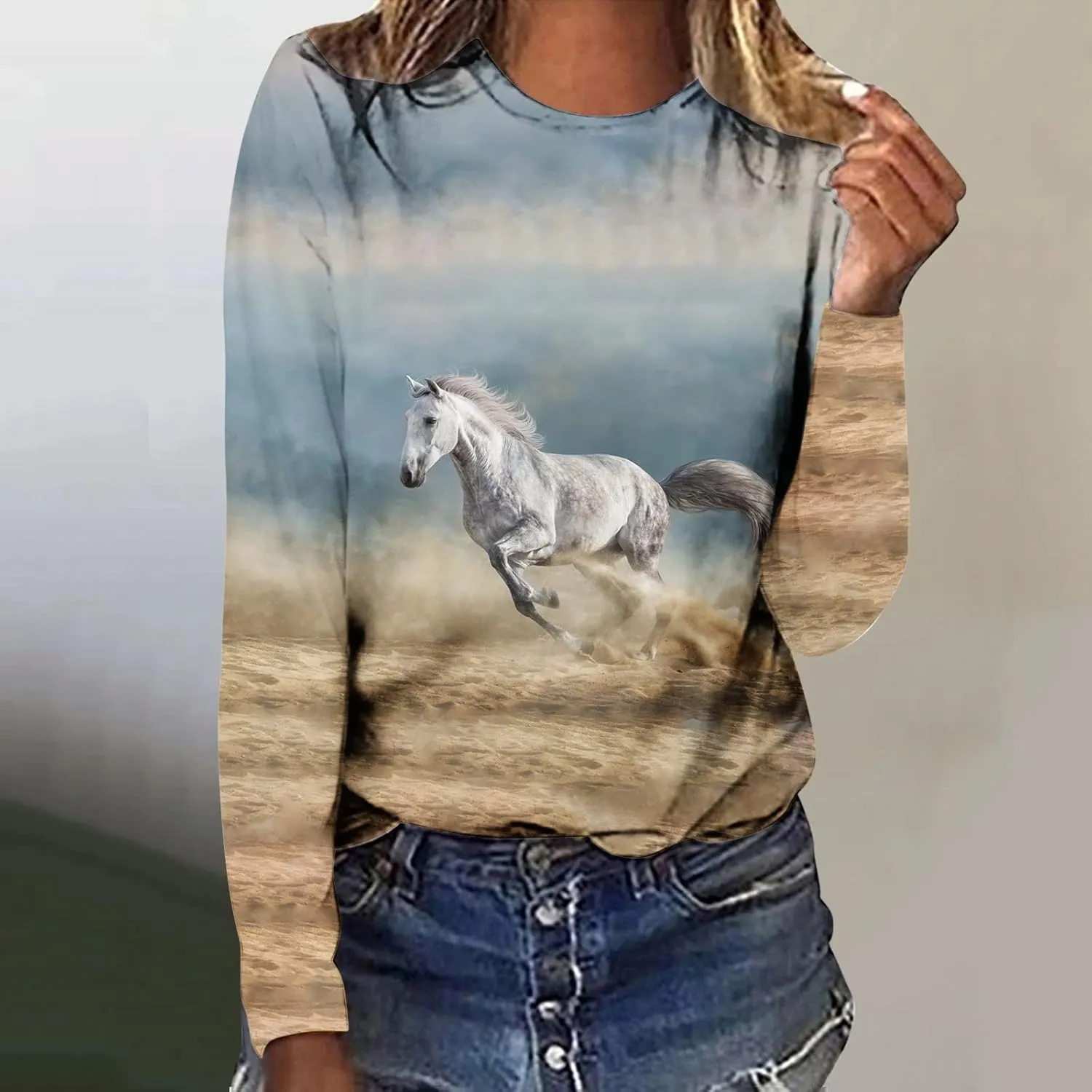 Horses T Shirt Women Funny Graphic Tees Long Sleeve Crew Neck Shirts Casual Loose Fit Blouses Horse Lover T-Shirt Gift