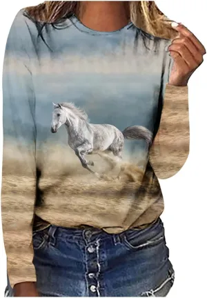 Horses T Shirt Women Funny Graphic Tees Long Sleeve Crew Neck Shirts Casual Loose Fit Blouses Horse Lover T-Shirt Gift