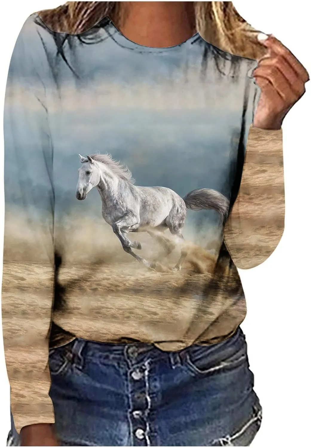 Horses T Shirt Women Funny Graphic Tees Long Sleeve Crew Neck Shirts Casual Loose Fit Blouses Horse Lover T-Shirt Gift