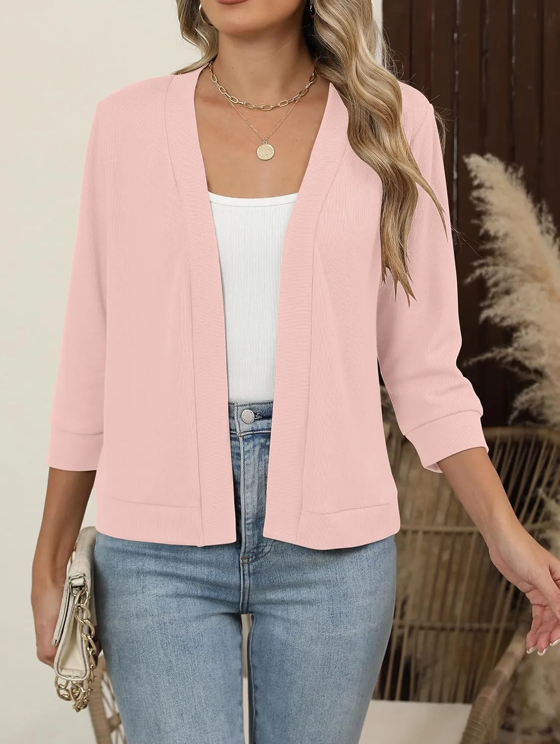 Hount Womens 3/4 Sleeve Cropped Cardigans Lightweight Casual Open Front Bolero Shrugs Sweaters