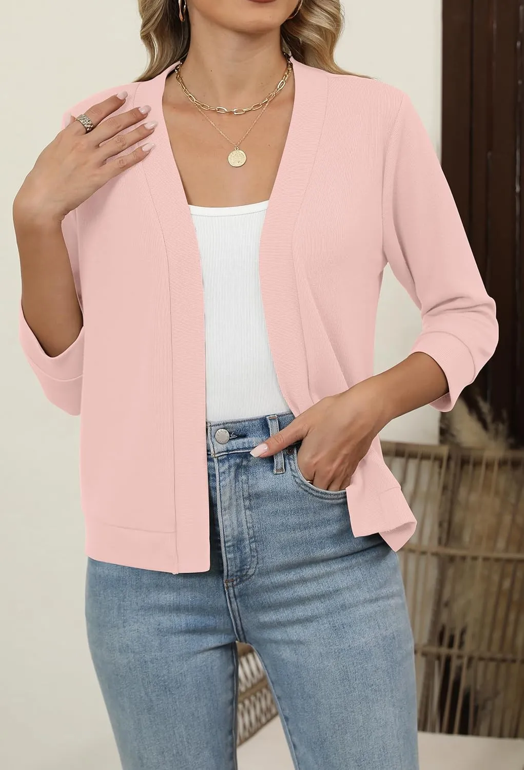 Hount Womens 3/4 Sleeve Cropped Cardigans Lightweight Casual Open Front Bolero Shrugs Sweaters