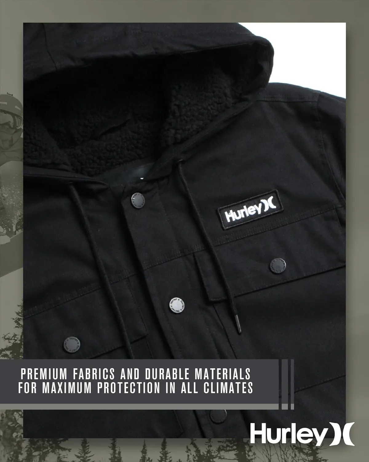 Hurley Men's Charger Jacket - Sherpa Lined Outdoor Jacket with Snap Closure Pockets - Button Down Men's Hooded Jacket (S-XL)