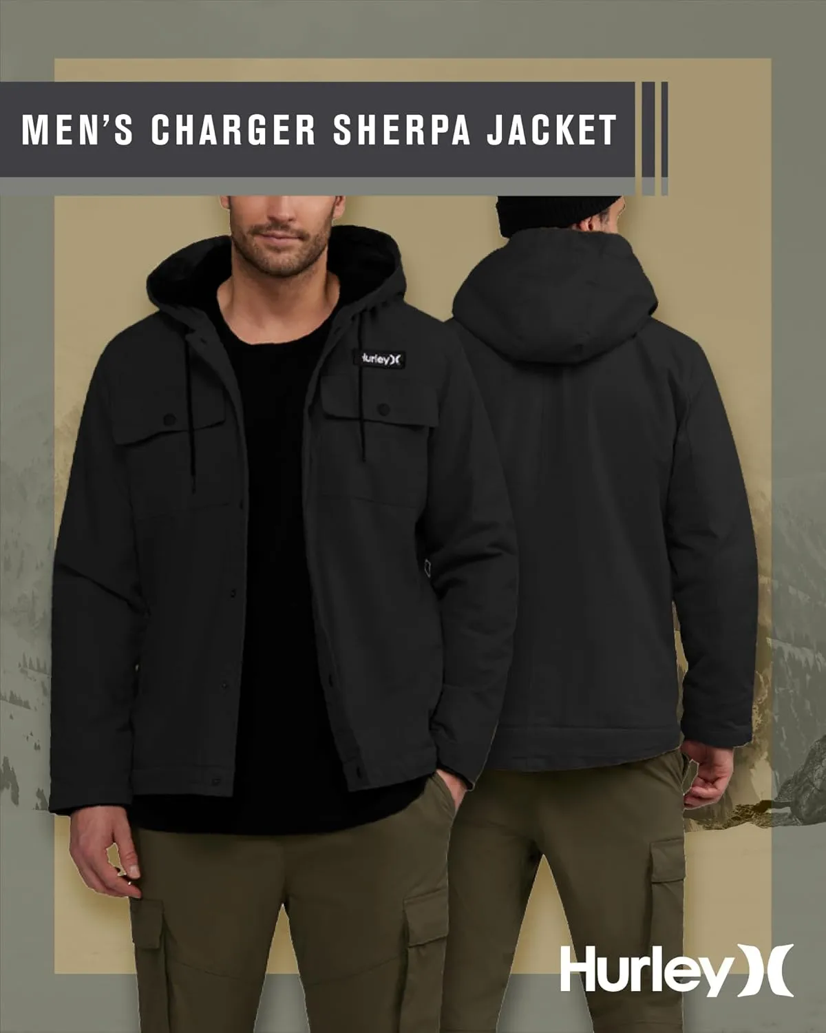 Hurley Men's Charger Jacket - Sherpa Lined Outdoor Jacket with Snap Closure Pockets - Button Down Men's Hooded Jacket (S-XL)