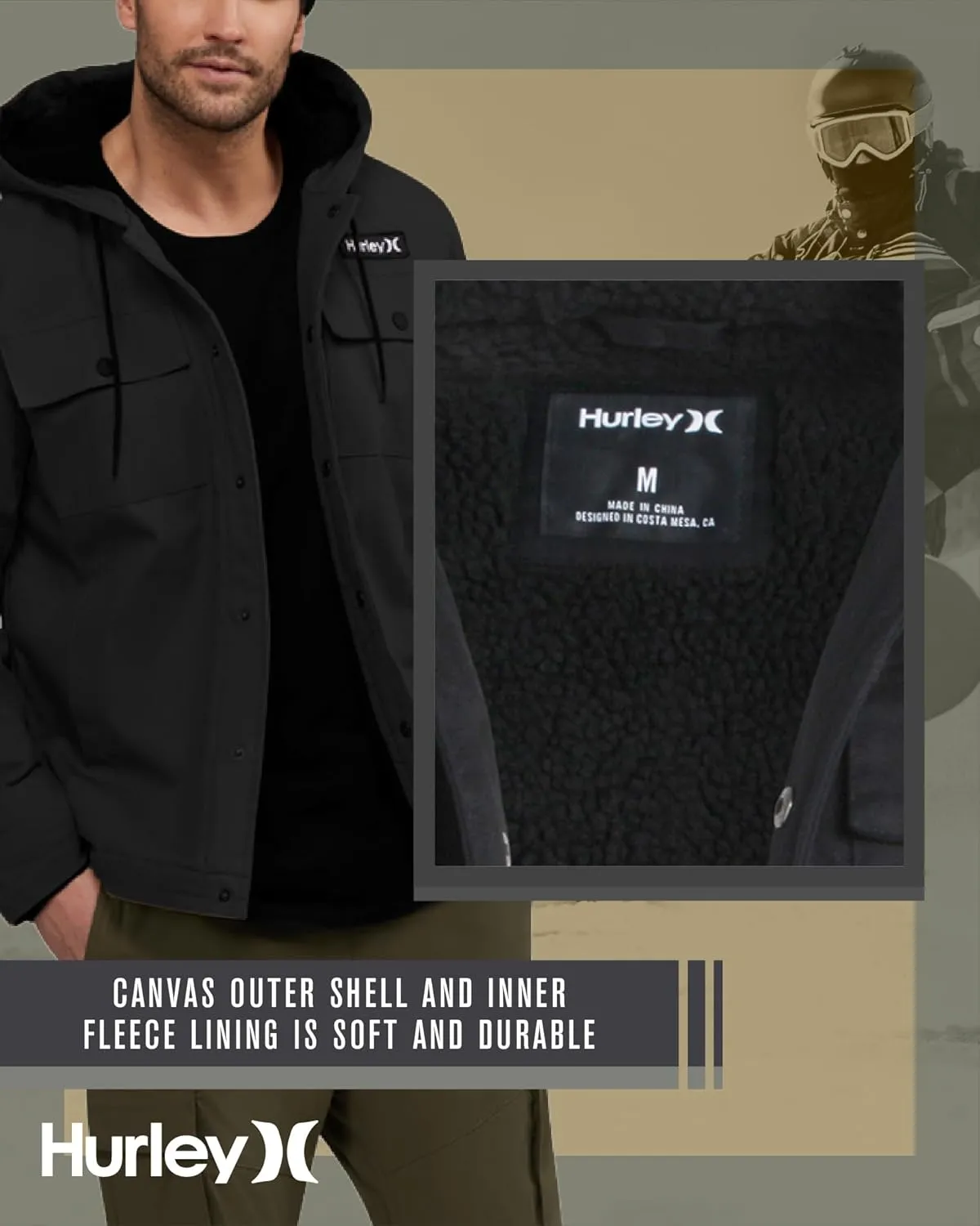 Hurley Men's Charger Jacket - Sherpa Lined Outdoor Jacket with Snap Closure Pockets - Button Down Men's Hooded Jacket (S-XL)