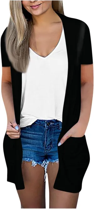HXHYQKP Summer Cardigans for Women Lightweight Short Sleeve Open Front Casual Cover Ups with Pockets