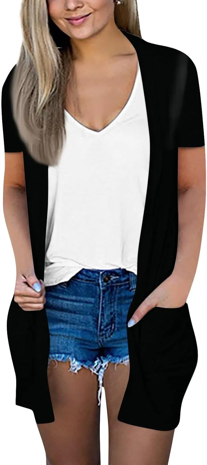 HXHYQKP Summer Cardigans for Women Lightweight Short Sleeve Open Front Casual Cover Ups with Pockets