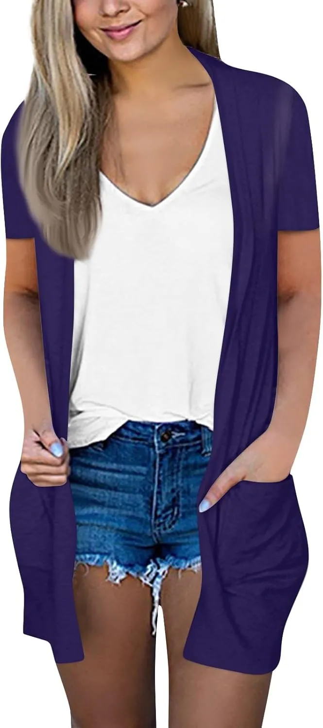 HXHYQKP Summer Cardigans for Women Lightweight Short Sleeve Open Front Casual Cover Ups with Pockets
