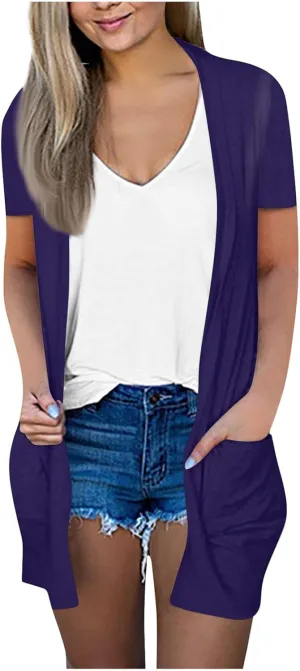 HXHYQKP Summer Cardigans for Women Lightweight Short Sleeve Open Front Casual Cover Ups with Pockets