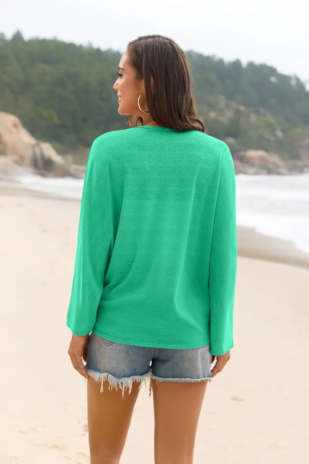 Iandroiy Womens Open Front 3/4 Sleeve Batwing Cardigan Lightweight Summer Kimono Cover Ups