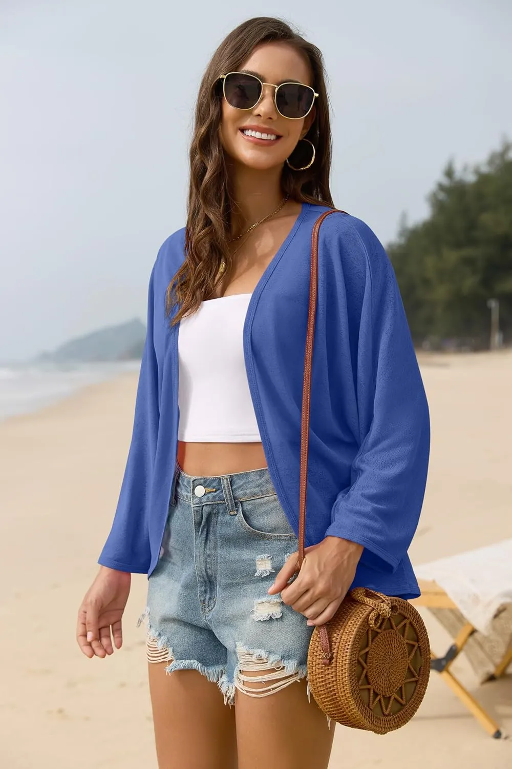 Iandroiy Womens Open Front 3/4 Sleeve Batwing Cardigan Lightweight Summer Kimono Cover Ups