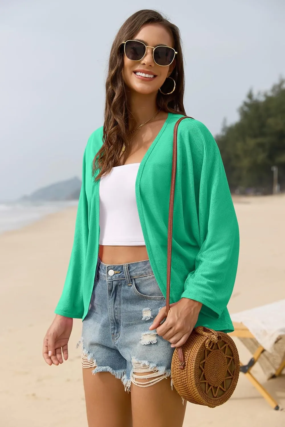 Iandroiy Womens Open Front 3/4 Sleeve Batwing Cardigan Lightweight Summer Kimono Cover Ups