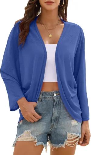 Iandroiy Womens Open Front 3/4 Sleeve Batwing Cardigan Lightweight Summer Kimono Cover Ups
