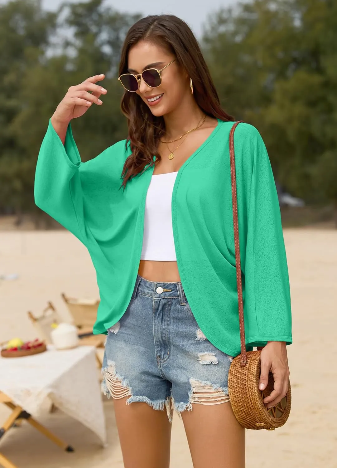 Iandroiy Womens Open Front 3/4 Sleeve Batwing Cardigan Lightweight Summer Kimono Cover Ups
