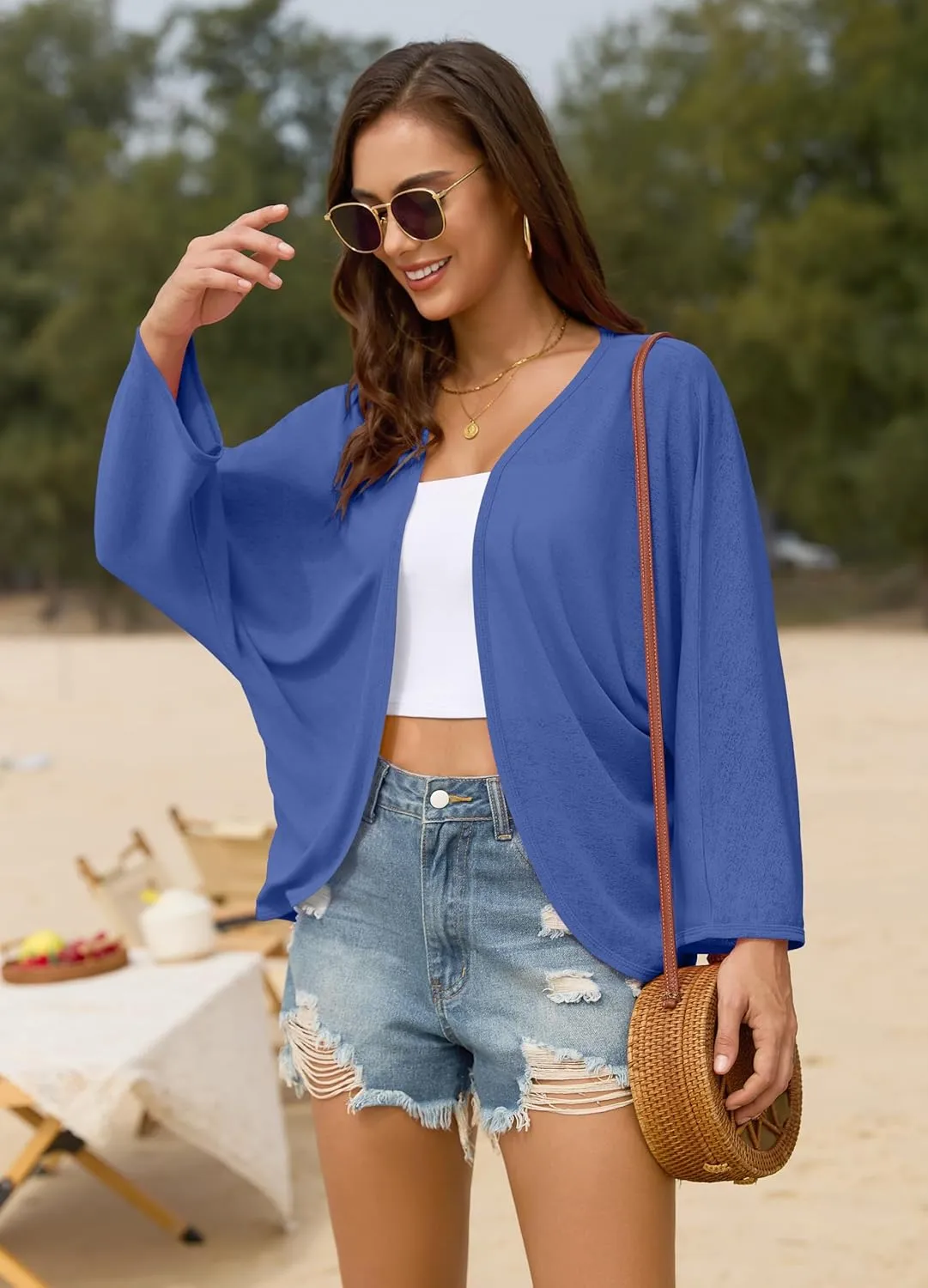 Iandroiy Womens Open Front 3/4 Sleeve Batwing Cardigan Lightweight Summer Kimono Cover Ups