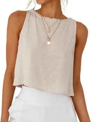 IDEALSANXUN Womens Linen Crop Tank Tops Cute Summer Sleeveless Cropped Cotton Linen Tops