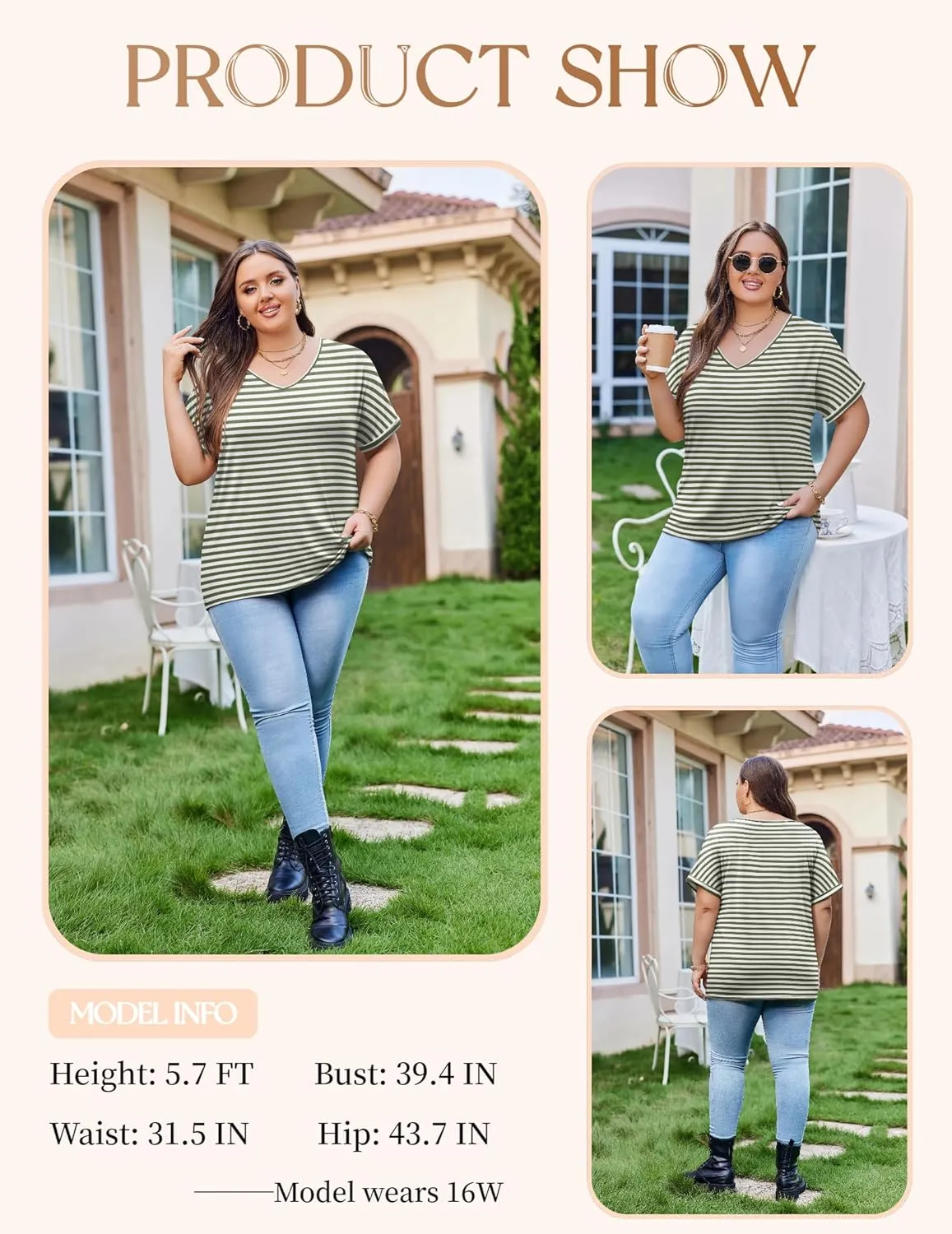 IN'VOLAND Women's Plus Size Tops Short Sleeve Tee Shirt V Neck Loose Fit Striped Shirt Summer Casual Blouses