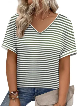 IN'VOLAND Women's Plus Size Tops Short Sleeve Tee Shirt V Neck Loose Fit Striped Shirt Summer Casual Blouses