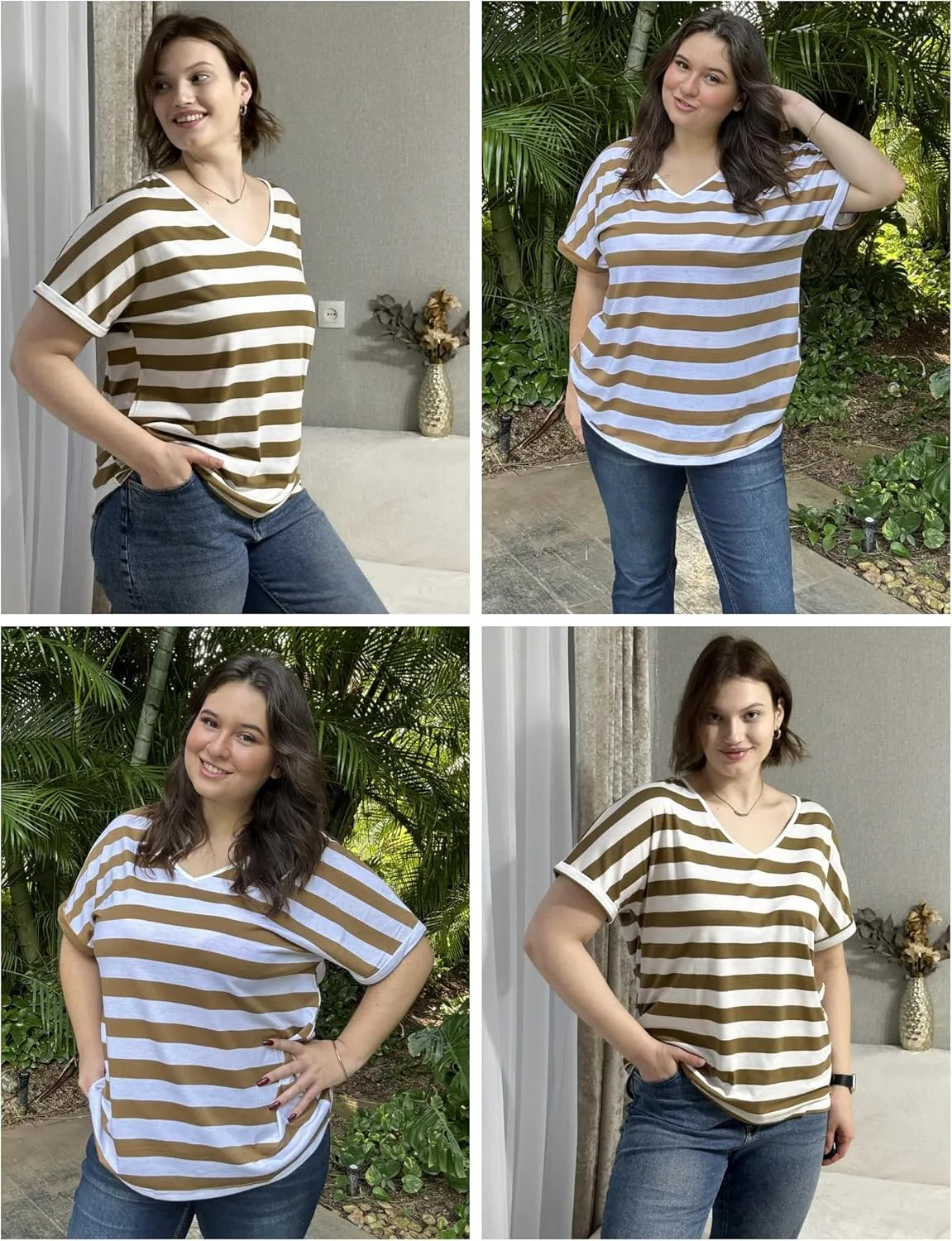 IN'VOLAND Women's Plus Size Tops Short Sleeve Tee Shirt V Neck Loose Fit Striped Shirt Summer Casual Blouses