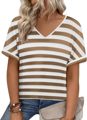 IN'VOLAND Women's Plus Size Tops Short Sleeve Tee Shirt V Neck Loose Fit Striped Shirt Summer Casual Blouses