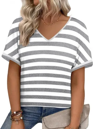 IN'VOLAND Women's Plus Size Tops Short Sleeve Tee Shirt V Neck Loose Fit Striped Shirt Summer Casual Blouses