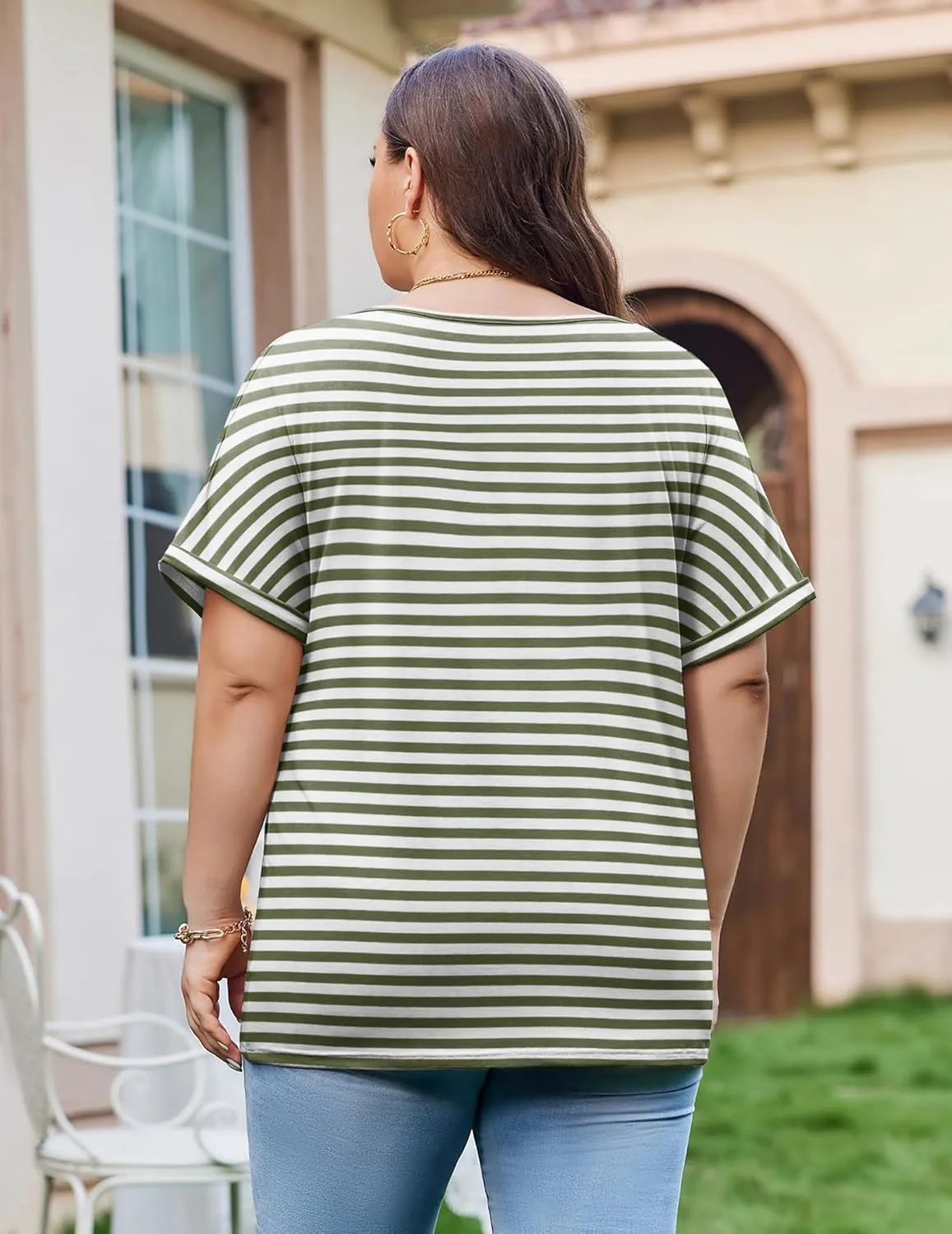 IN'VOLAND Women's Plus Size Tops Short Sleeve Tee Shirt V Neck Loose Fit Striped Shirt Summer Casual Blouses